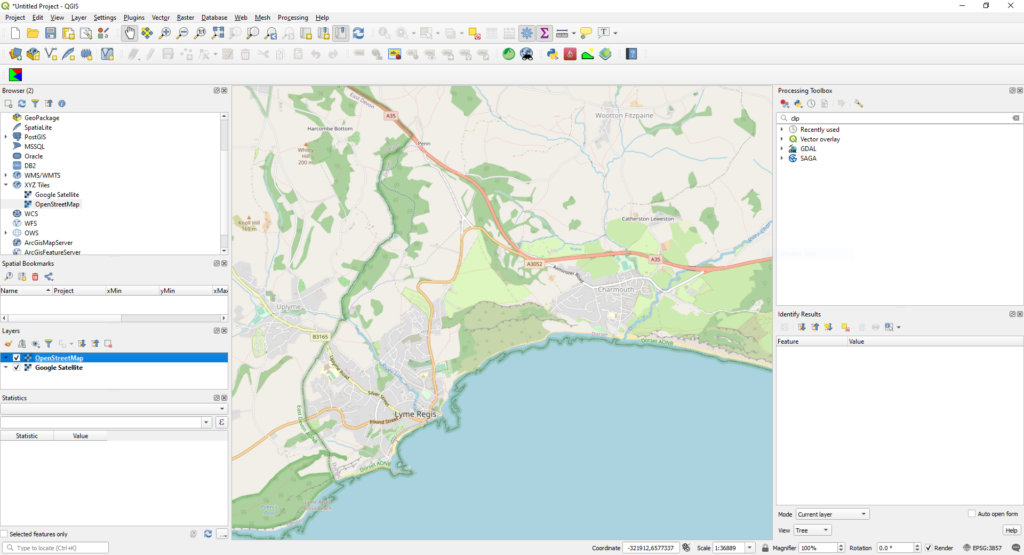 Screenshot showing an OpenStreetMaps basemap located in an area on the south coast of England.