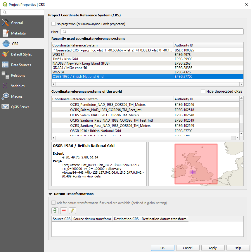 Screenshot showing the QGIS project projection properties.