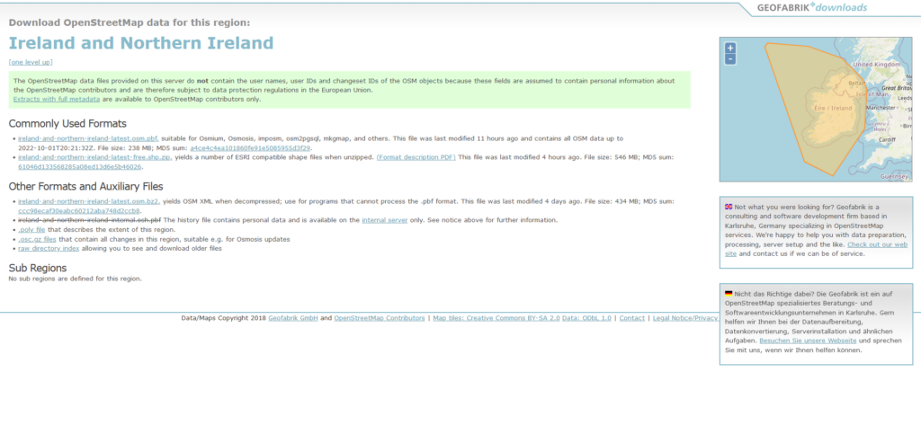 A screenshot of the Ireland and Northern Ireland Geofabrik download page.